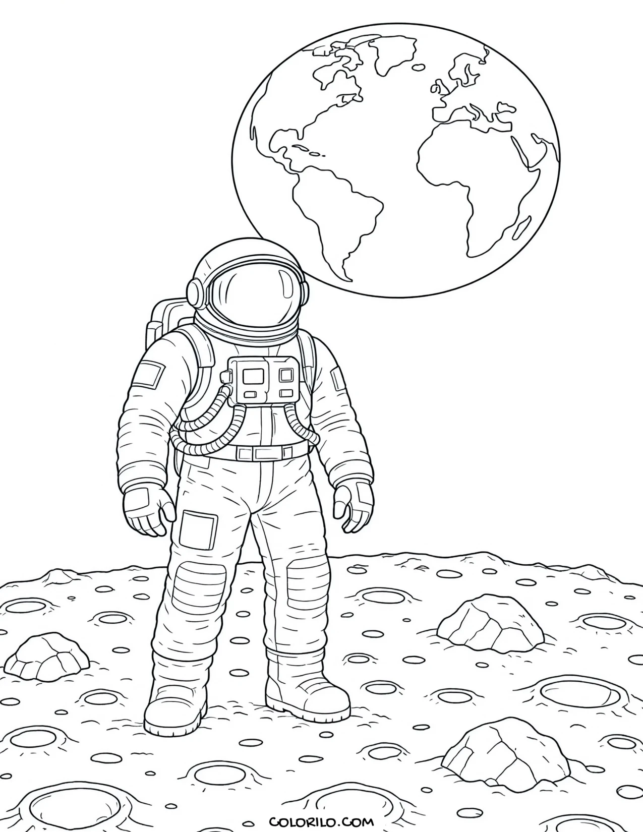 An astronaut walking on the lunar surface coloring page