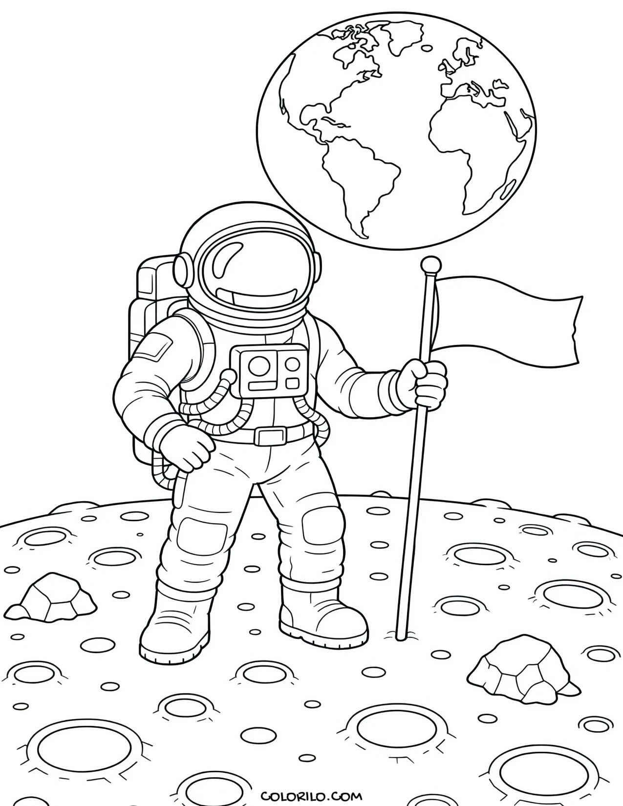 An astronaut beside a flag on the Moon coloring page