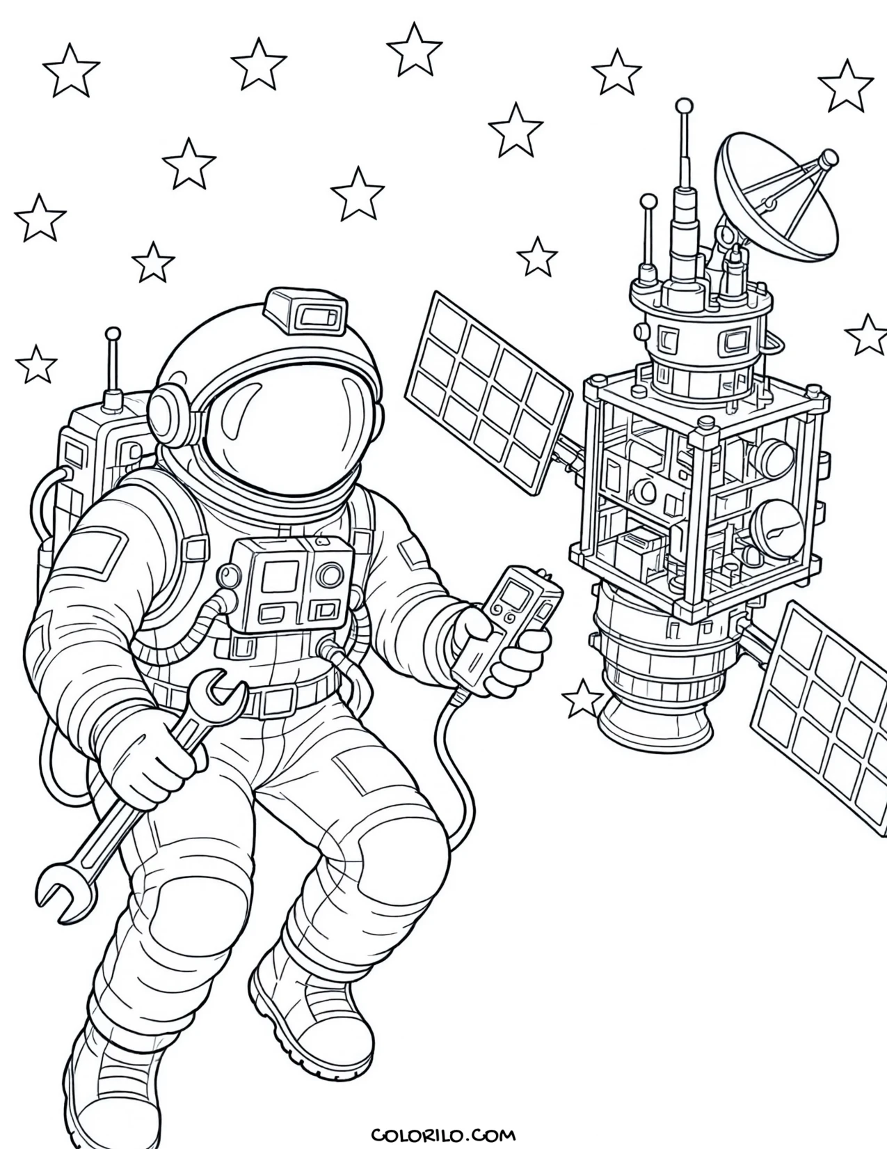 An astronaut working on a satellite coloring page