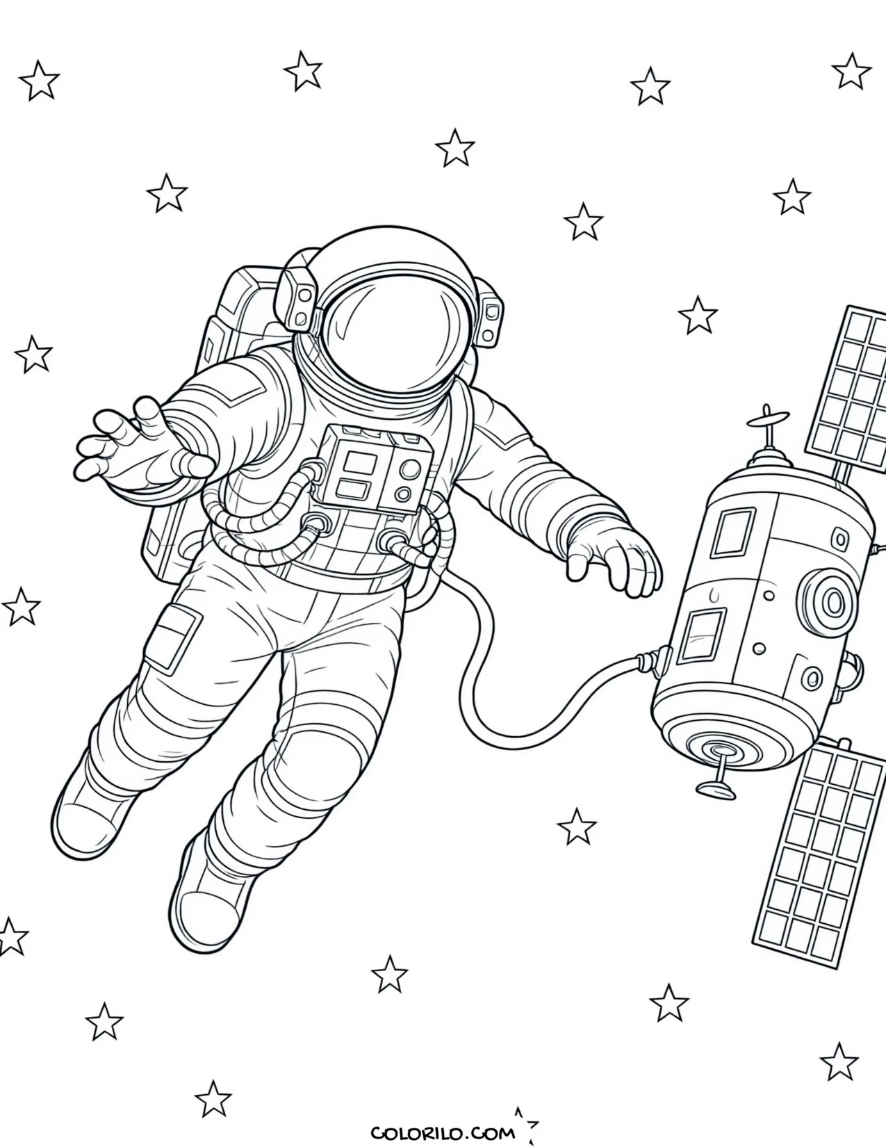 An astronaut on a spacewalk making a repair coloring page