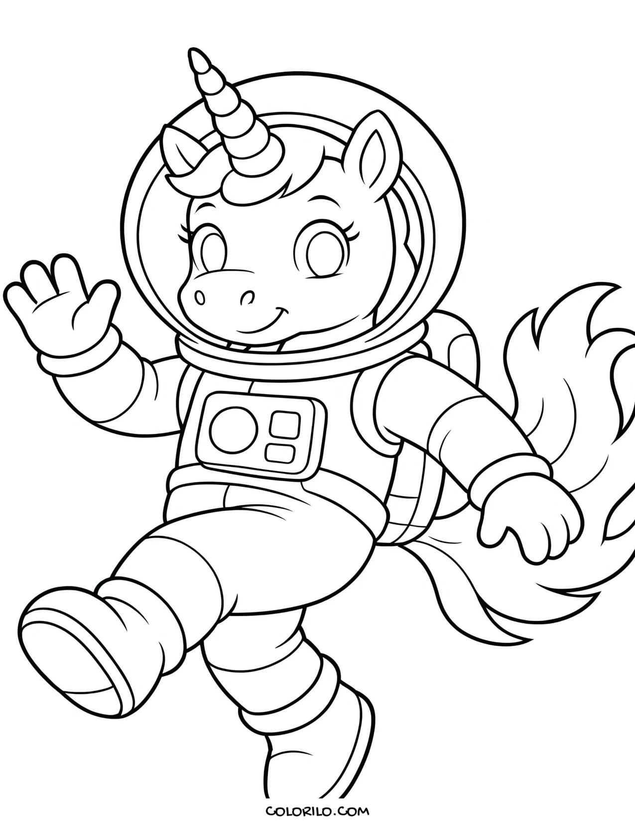 A unicorn in a spacesuit floating in space coloring page