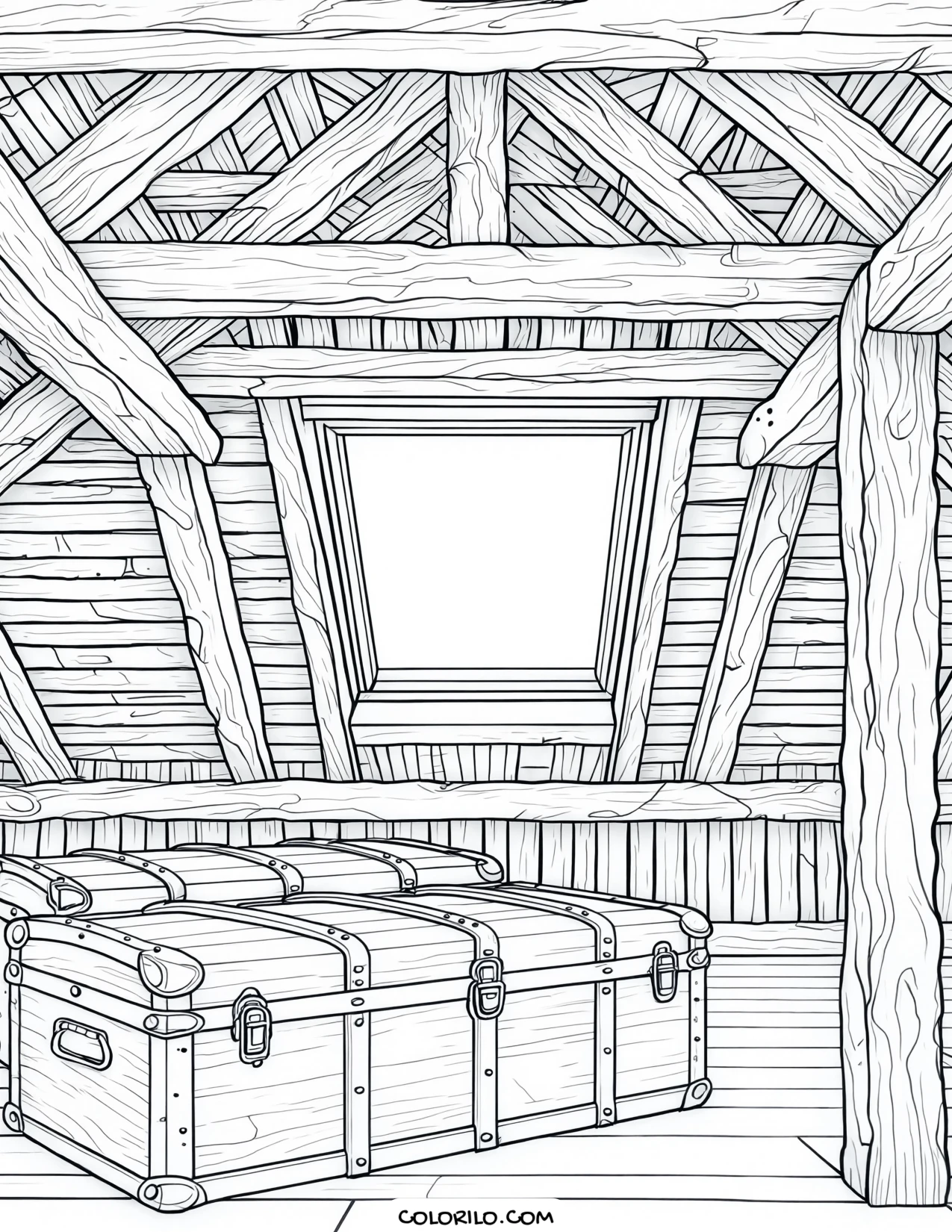 An attic room with exposed beams and old trunks coloring page