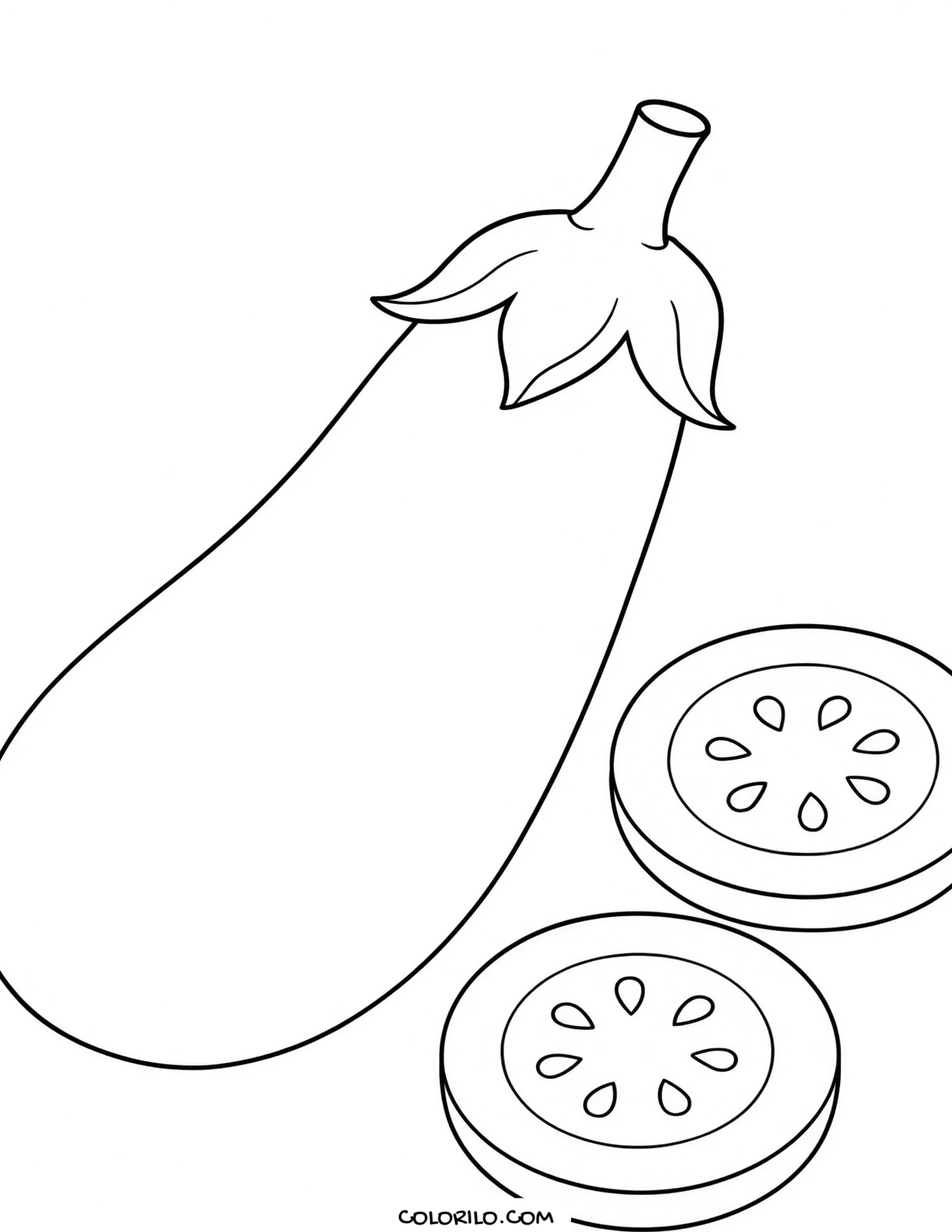 A whole aubergine with two slices coloring page