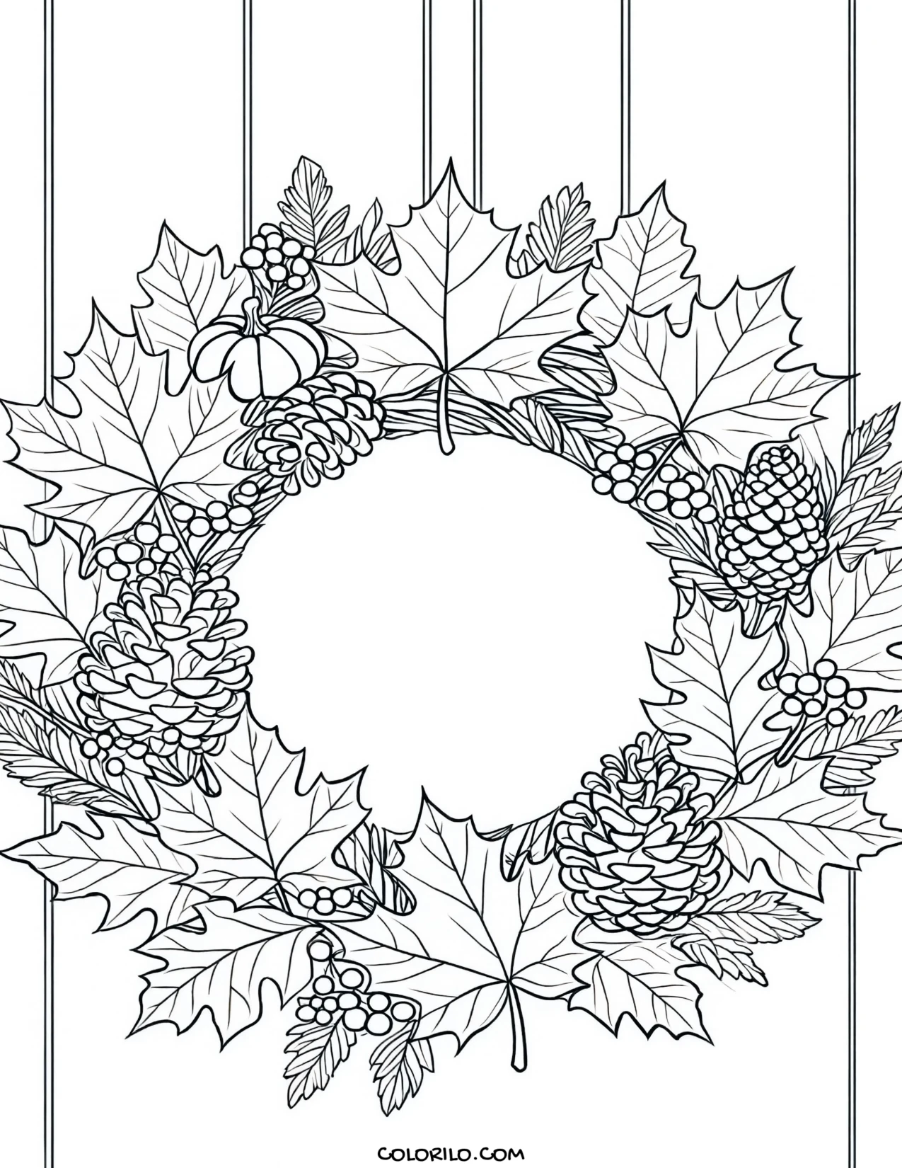 An autumn wreath hanging on a front door coloring page
