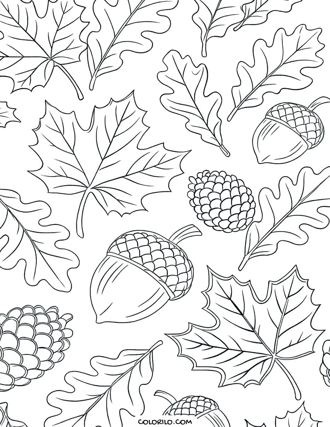 A repeating pattern of autumn leaves coloring page