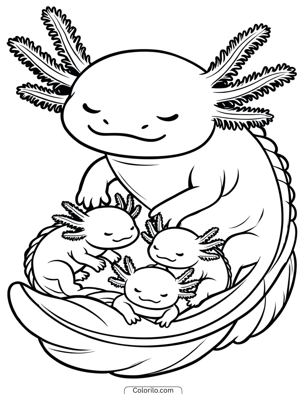 Axolotl cradling three baby axolotls coloring page