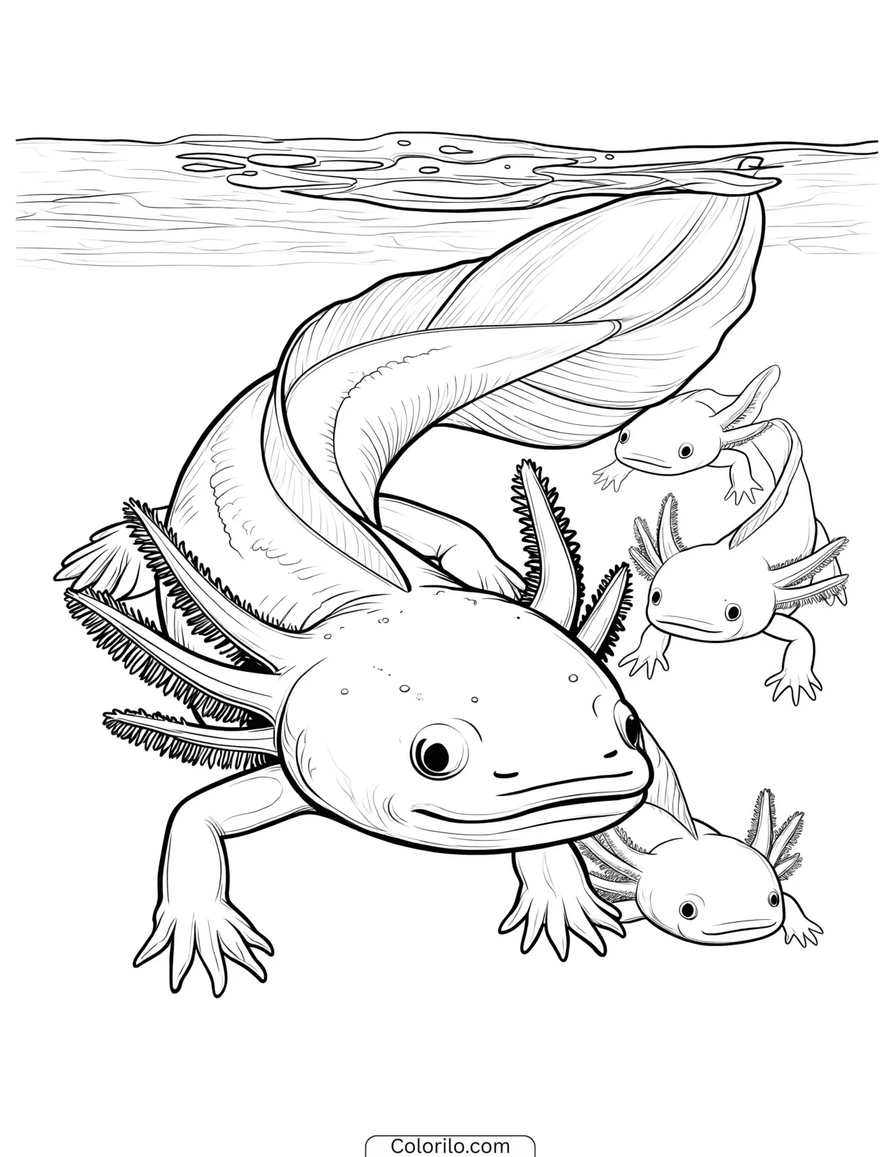 Family of axolotls together underwater coloring page