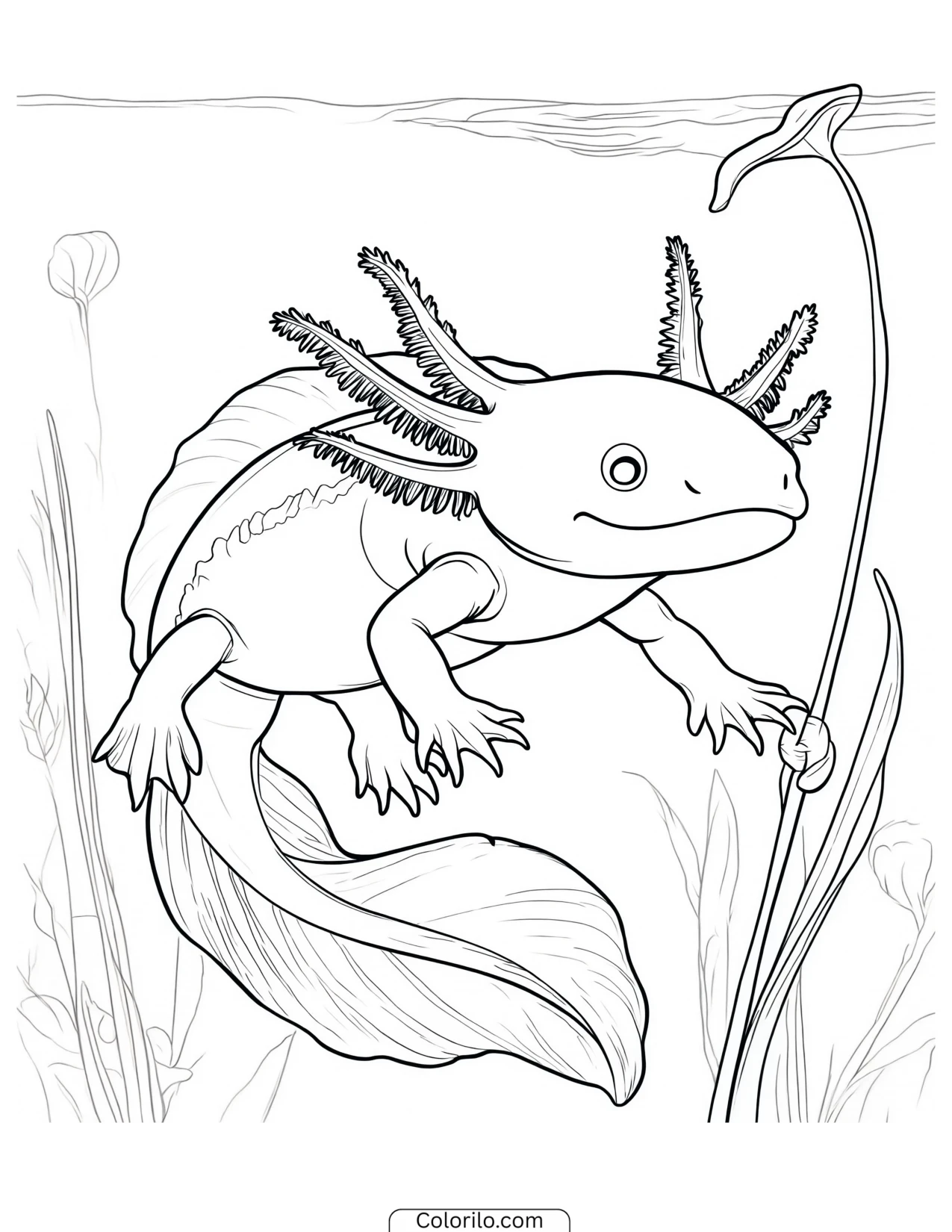 Axolotl holding an aquatic plant coloring page