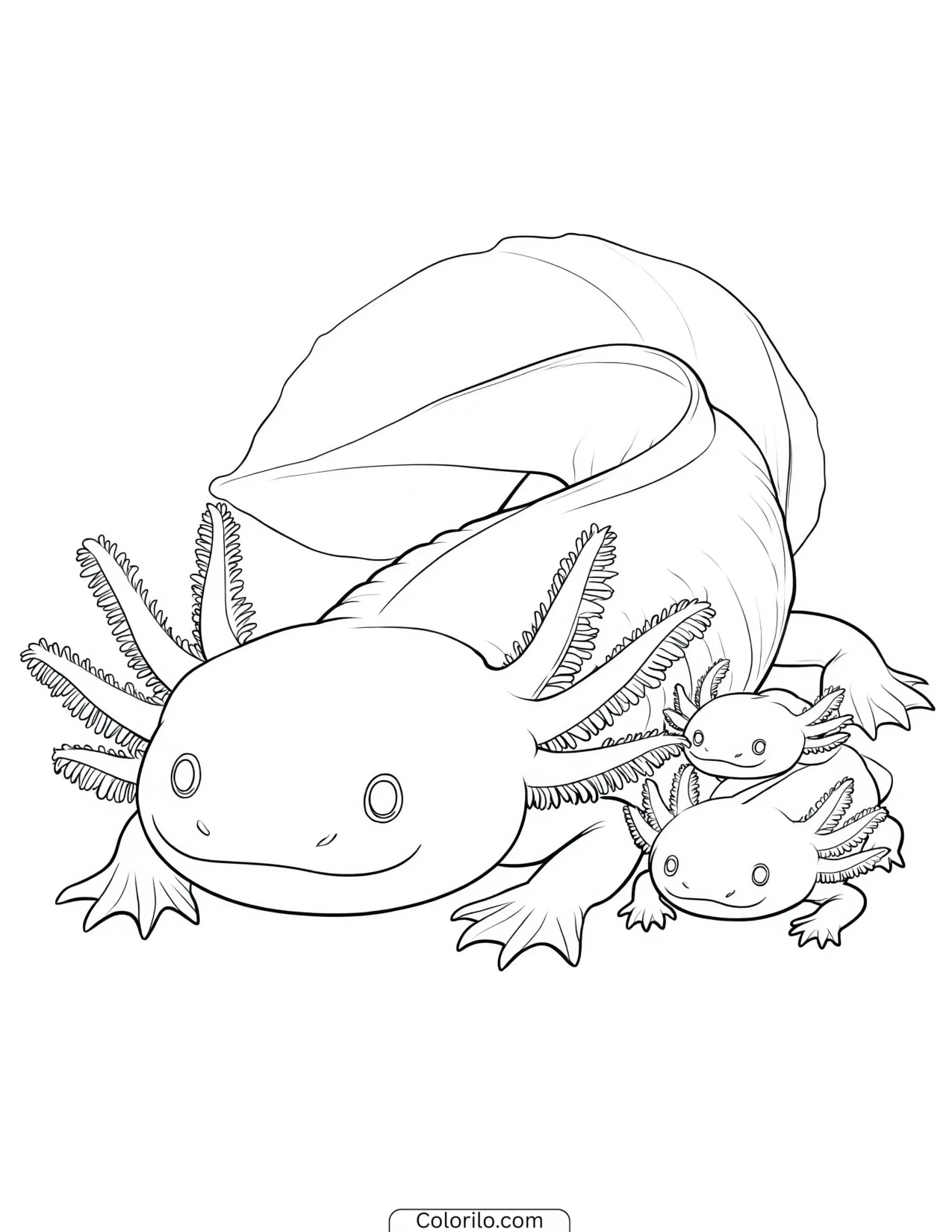 Adult axolotl with two babies coloring page