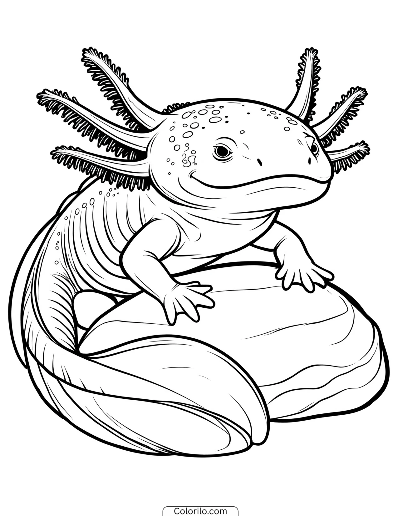 Axolotl resting on top of a rock coloring page