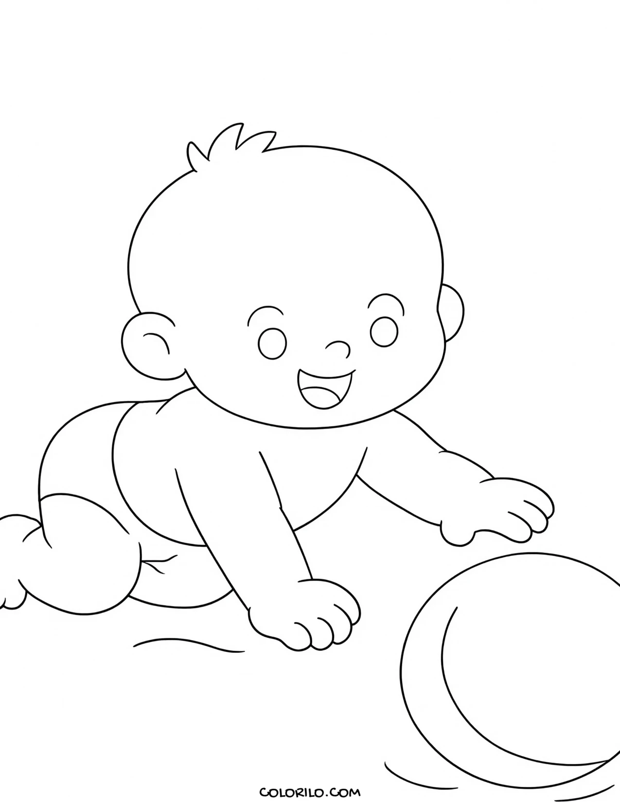 A baby crawling after a rolling ball coloring page