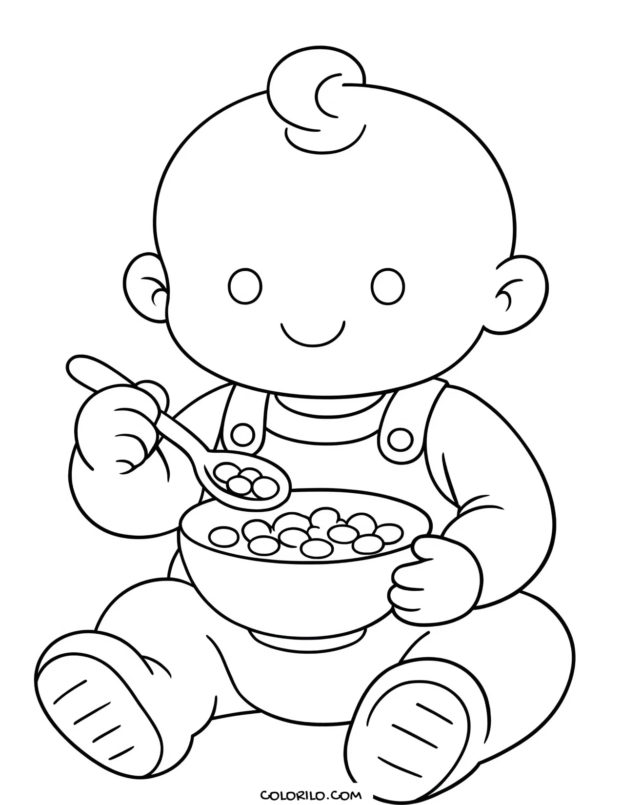 A baby eating a bowl of cereal coloring page