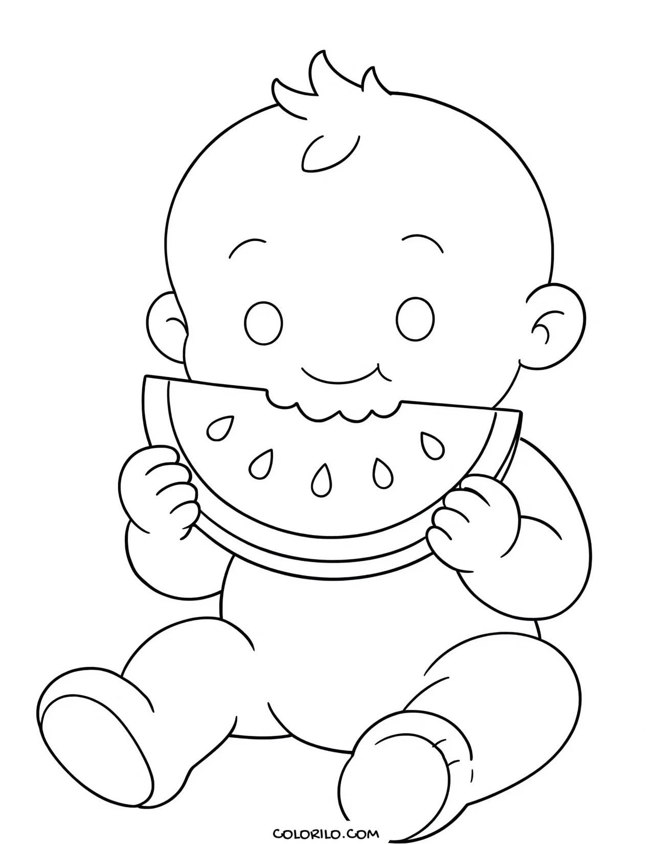 A baby eating a slice of watermelon coloring page