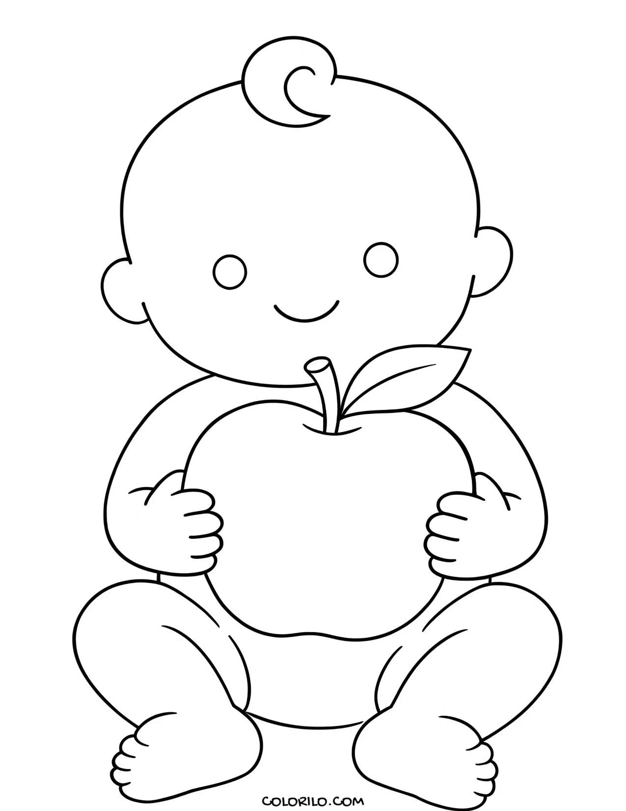 A baby holding an apple coloring page