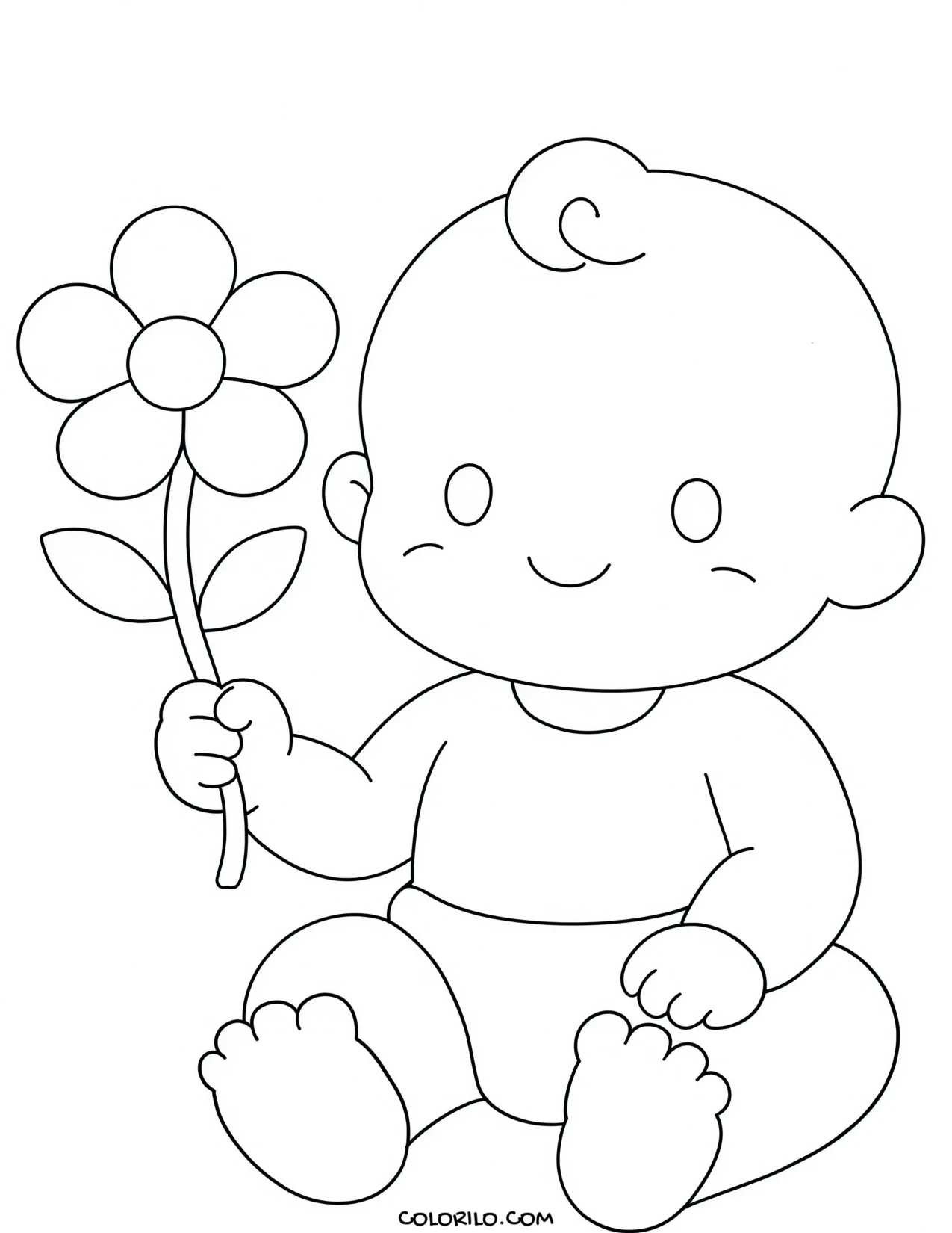 A baby holding a flower coloring page