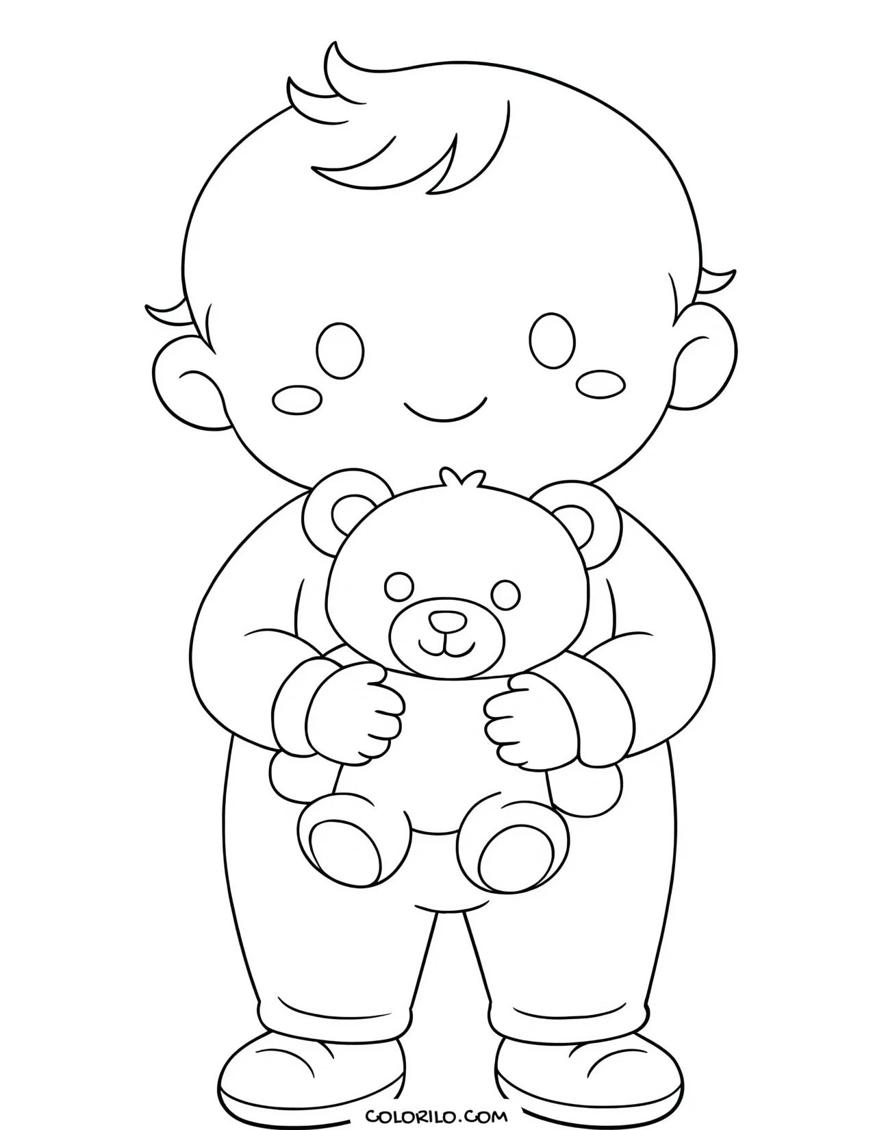 A baby holding a soft toy coloring page
