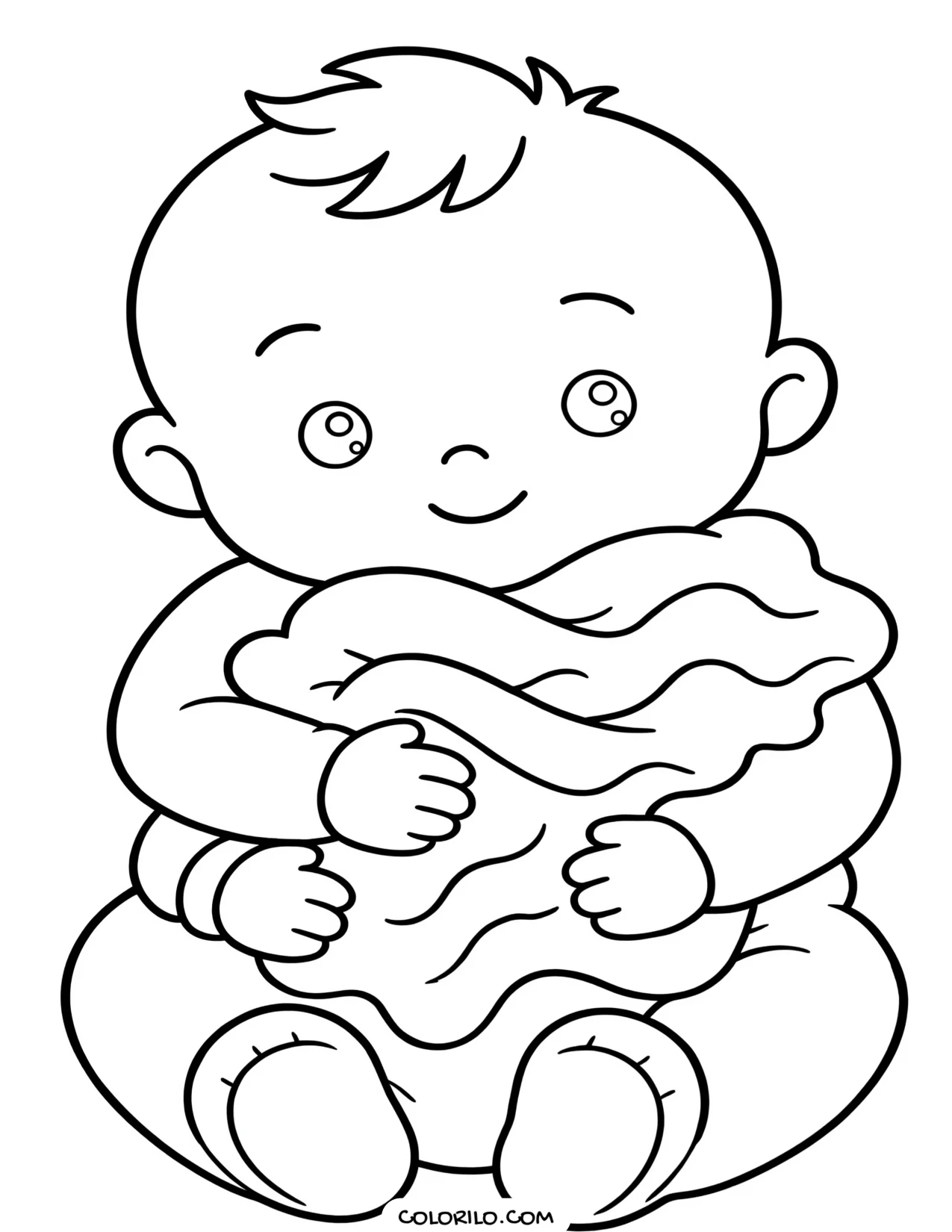 A baby hugging its blanket coloring page