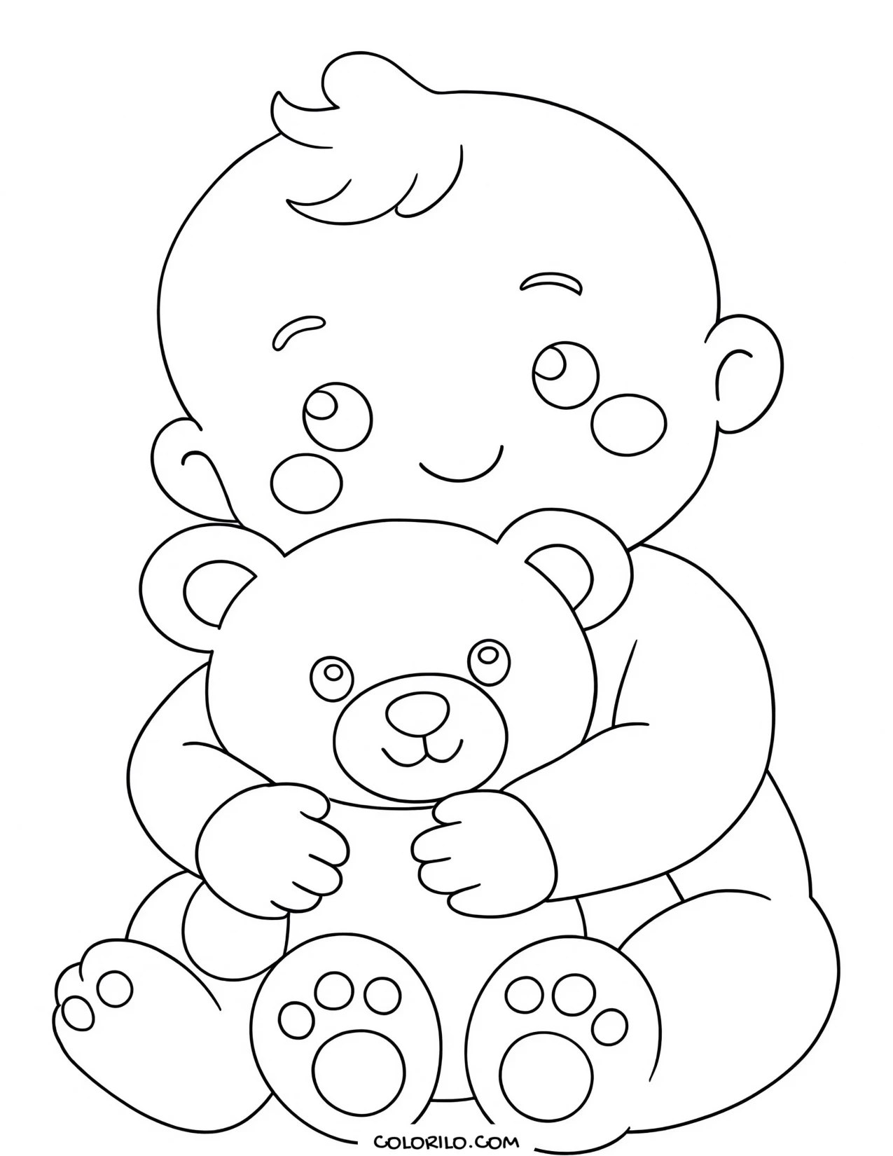 A baby hugging a teddy bear coloring page