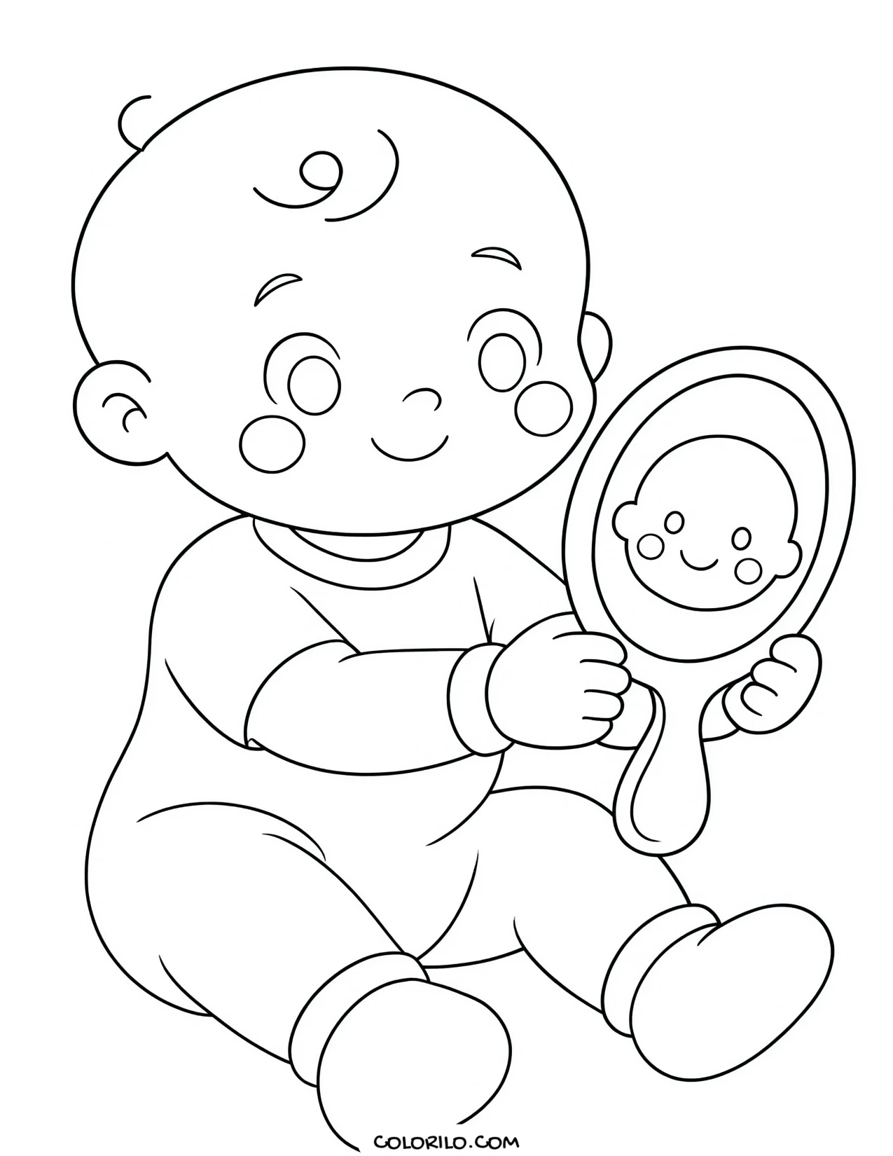 A baby looking at itself in a mirror coloring page