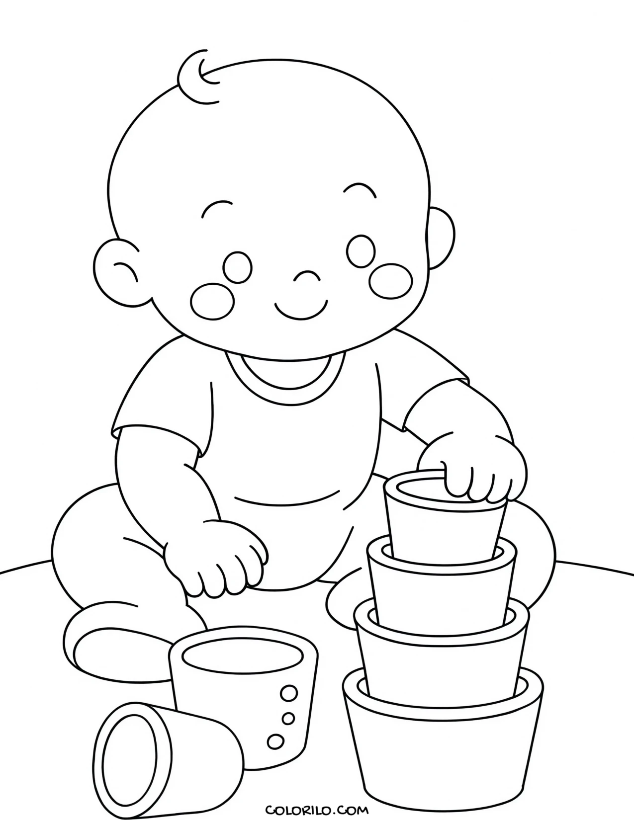 A baby playing with nesting cups coloring page