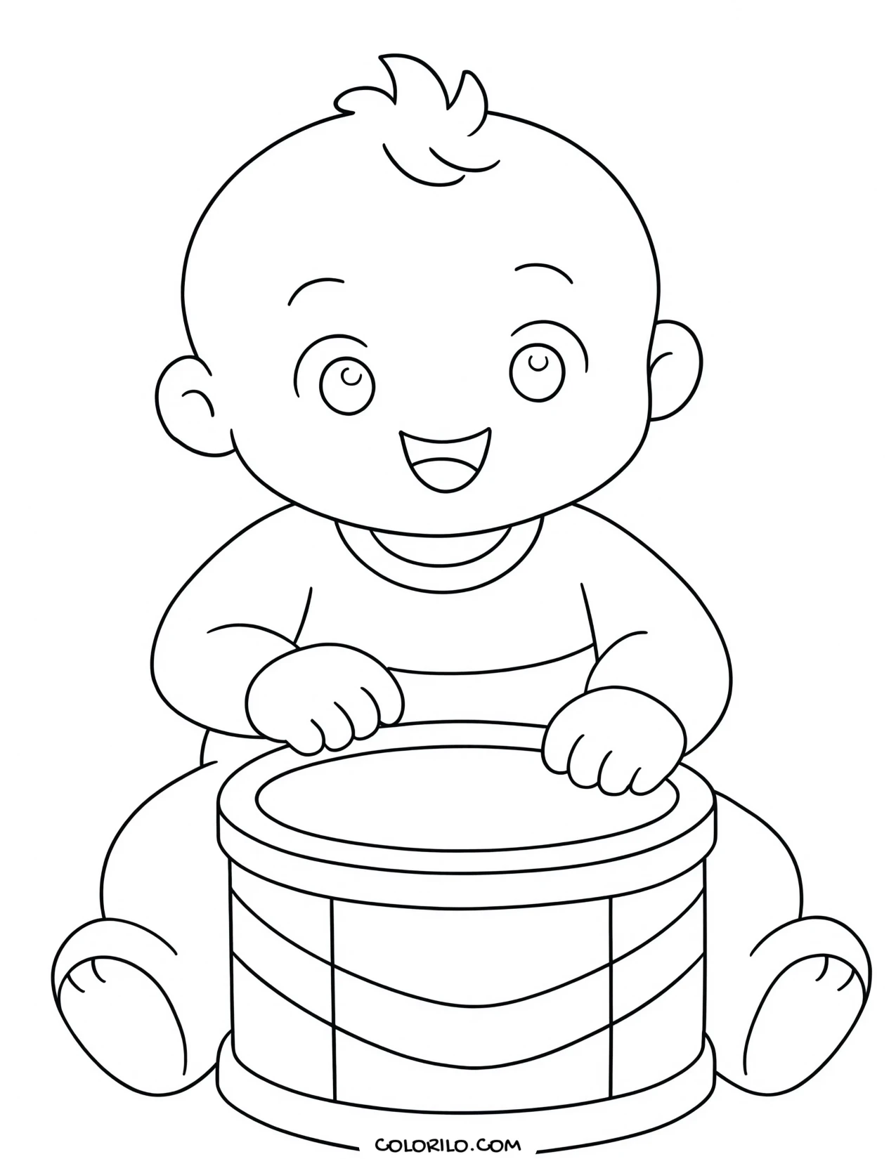 A baby banging a toy drum coloring page