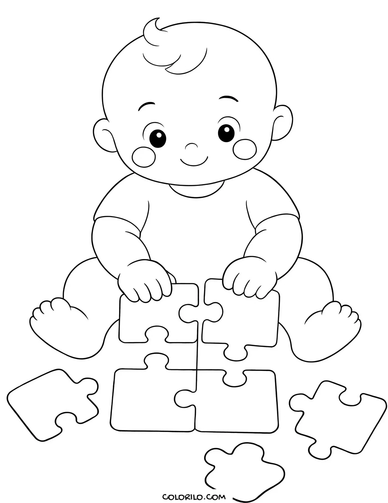 A baby playing with a shape puzzle coloring page