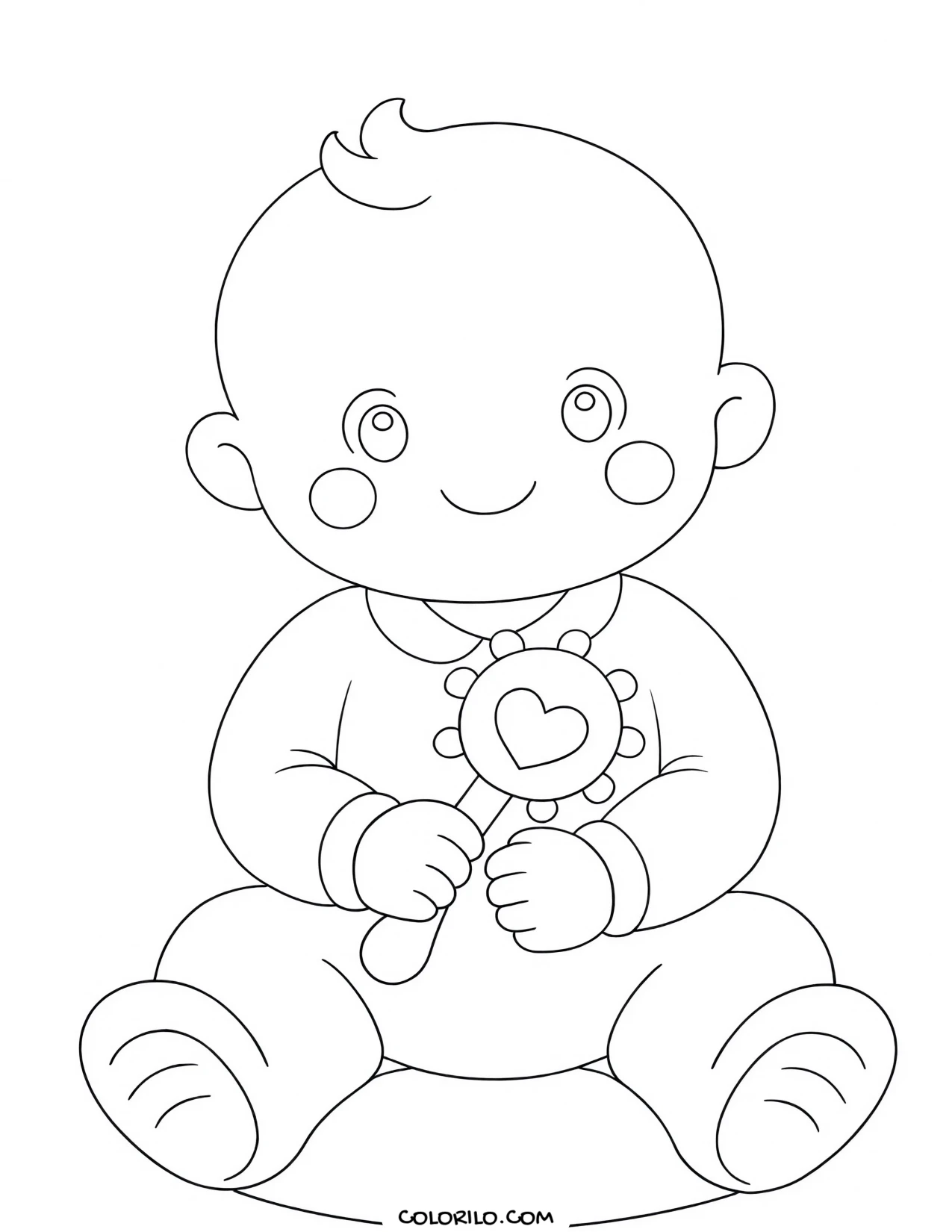 A baby shaking a rattle coloring page