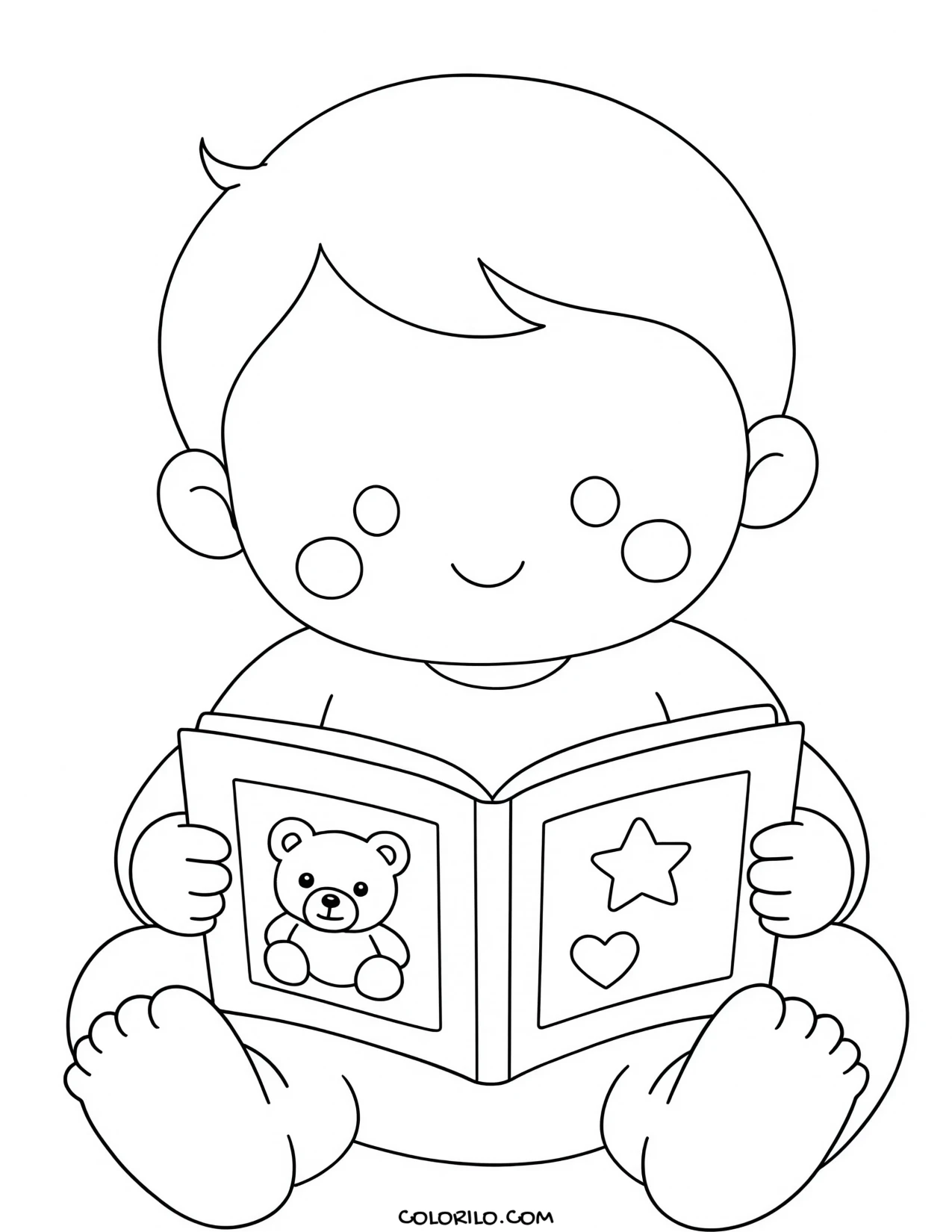A baby looking at a picture book coloring page