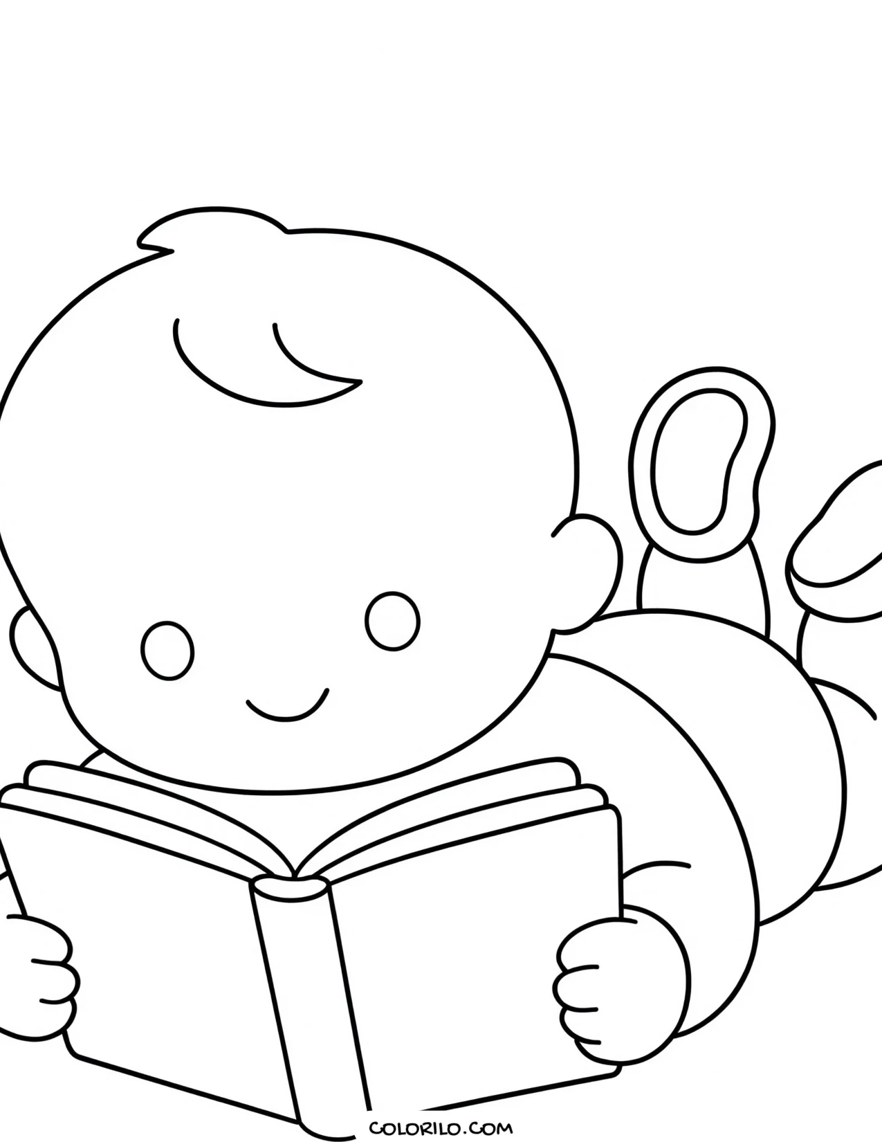 A baby on its tummy with a book coloring page