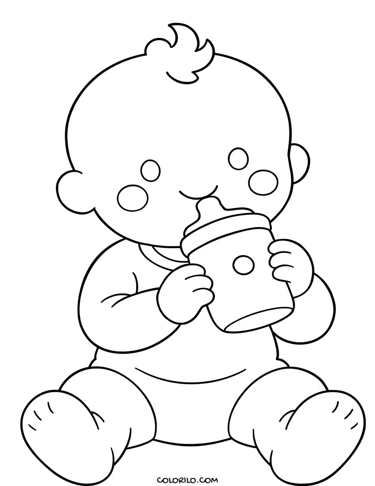 A baby drinking from a sippy cup coloring page