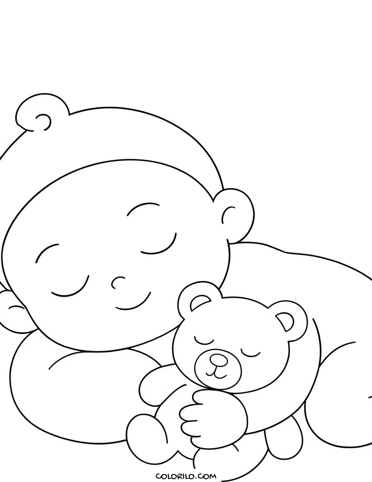 A baby asleep holding a teddy coloring page