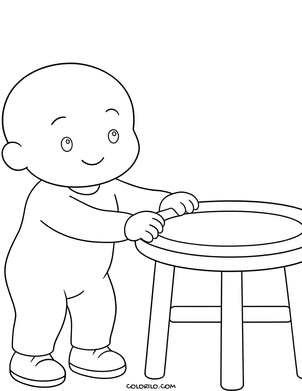A baby pulling itself up on a table coloring page