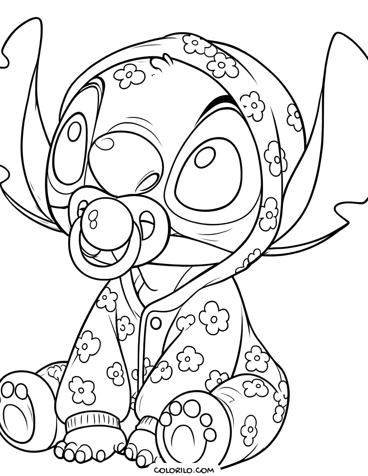 Baby Stitch in a onesie with a dummy coloring page