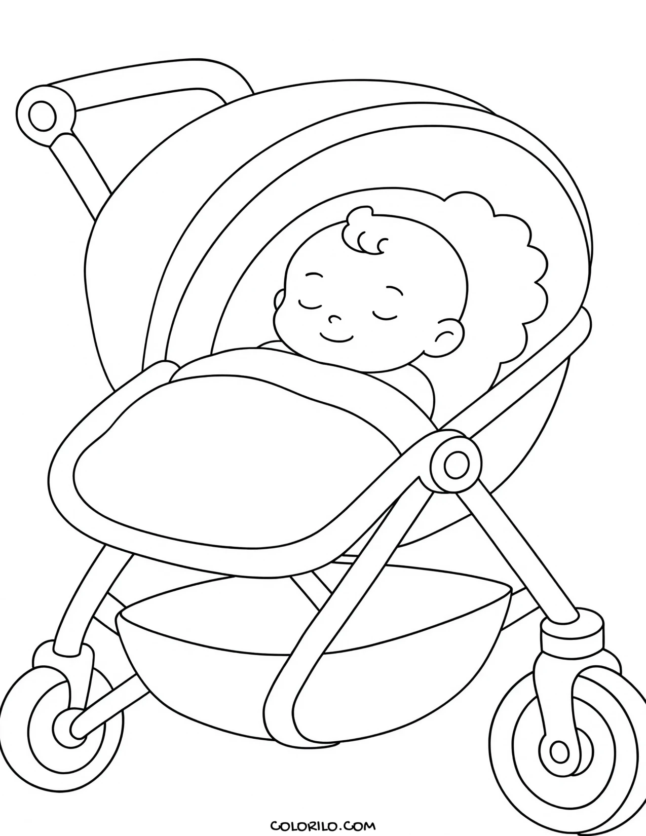 A baby asleep in its pram coloring page