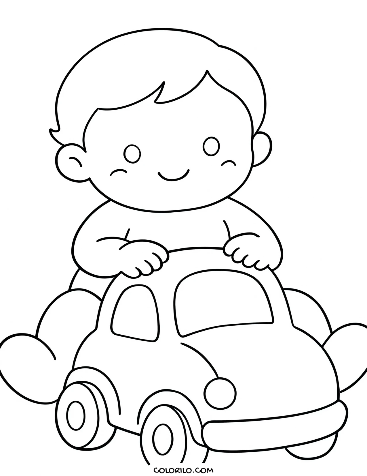 A baby playing with a toy car coloring page