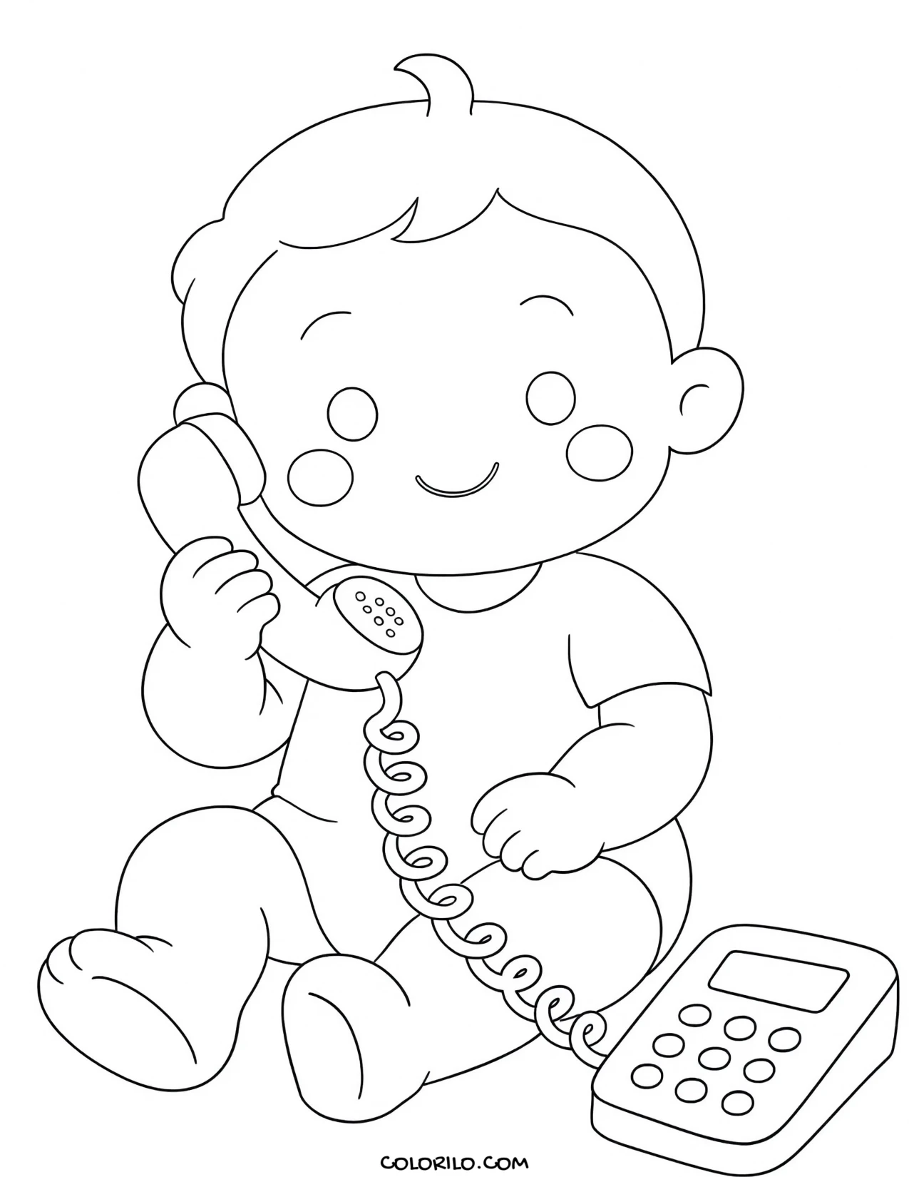 A baby playing with a toy phone coloring page