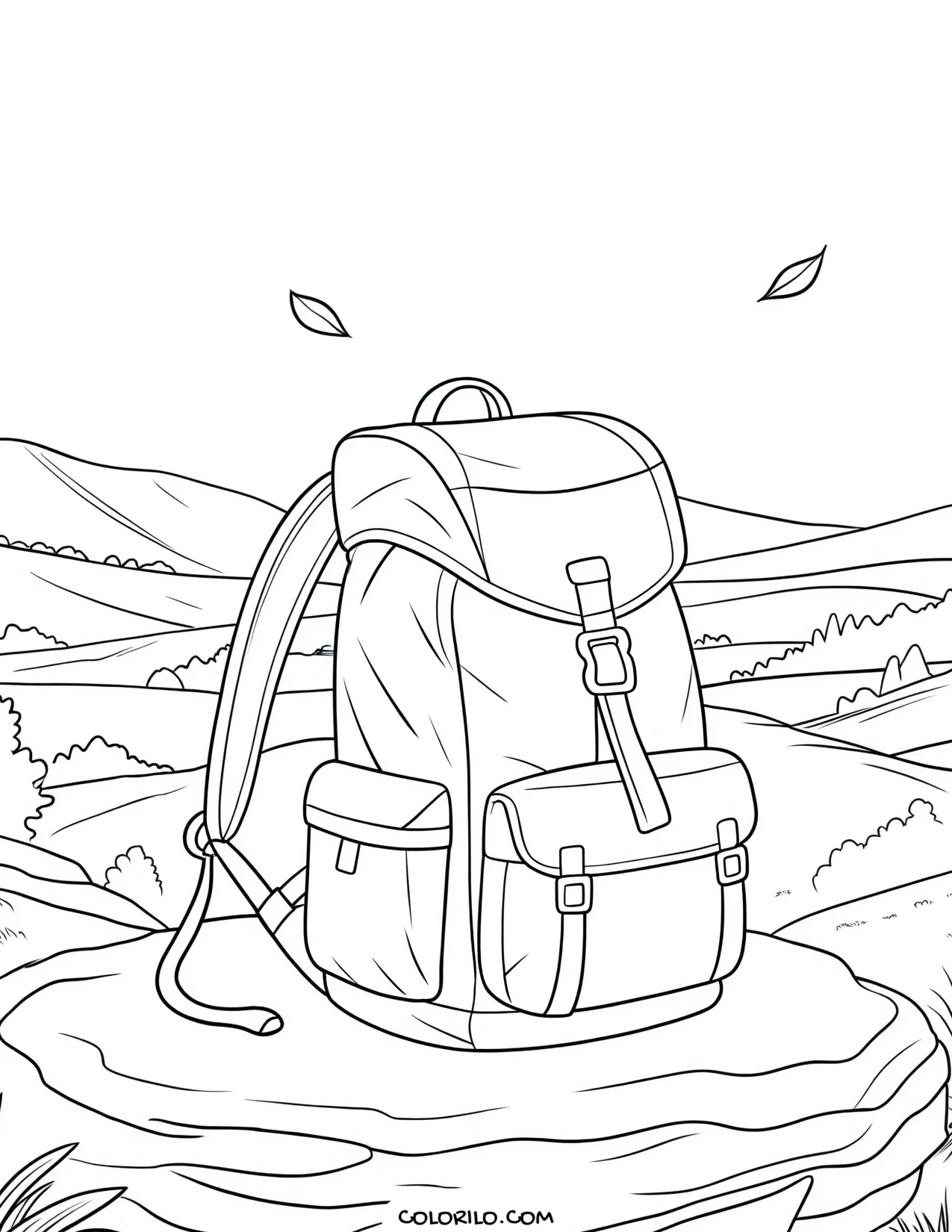 A backpack resting at an autumn viewpoint coloring page