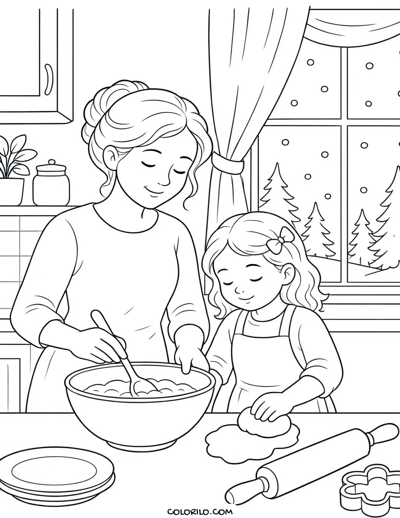 Baking biscuits in a warm kitchen coloring page