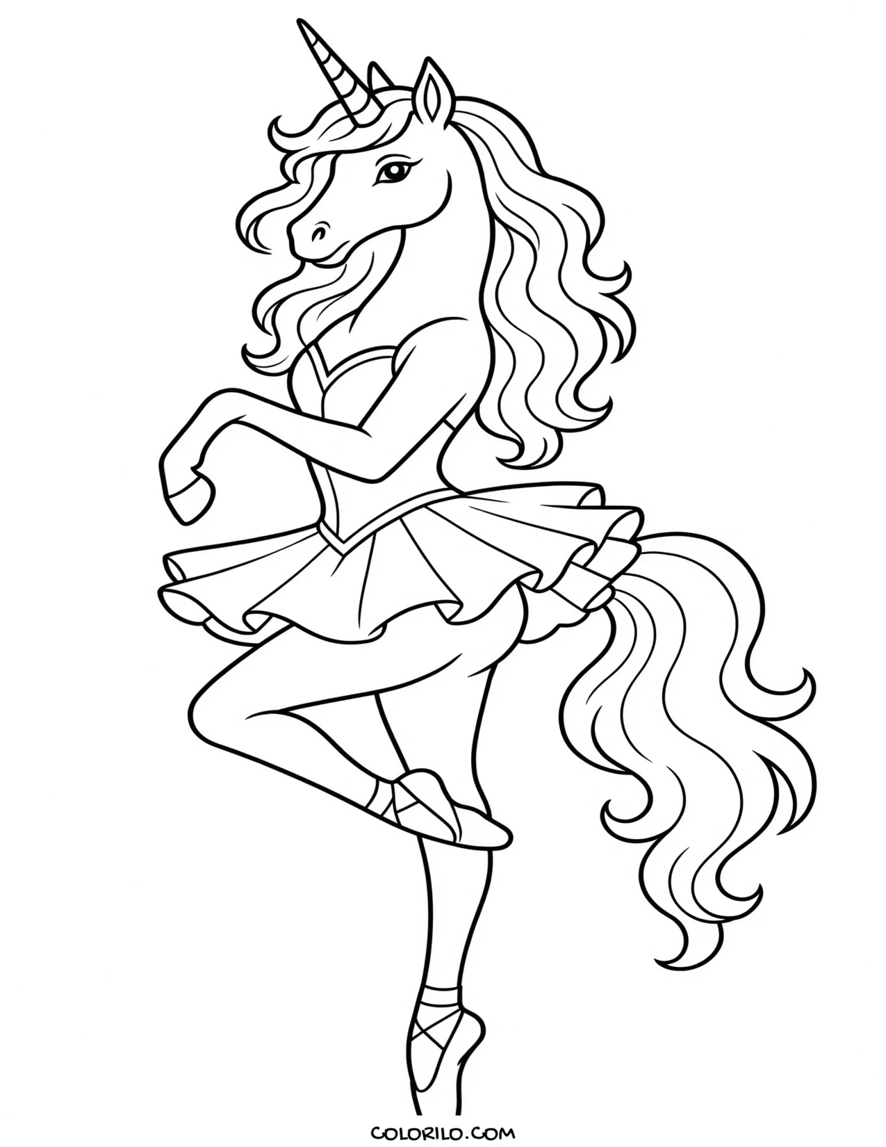 A unicorn posing as a ballerina coloring page