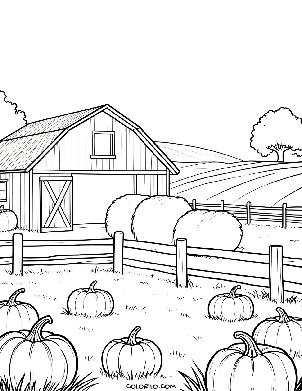 A barn with hay bales stacked outside coloring page