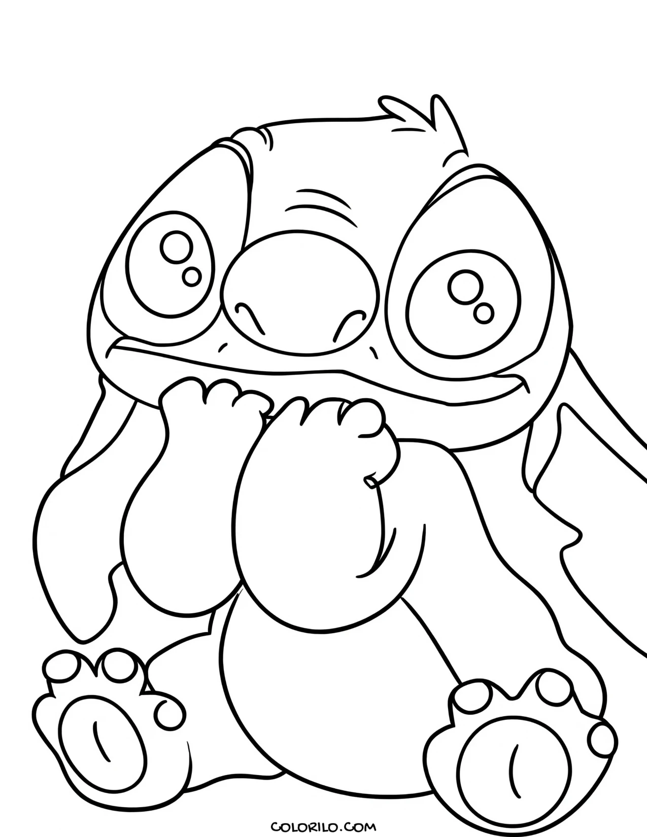 A bashful Stitch sitting down coloring page