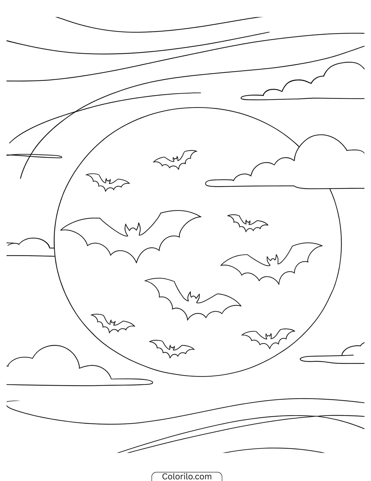 Bats crossing in front of a full moon coloring page