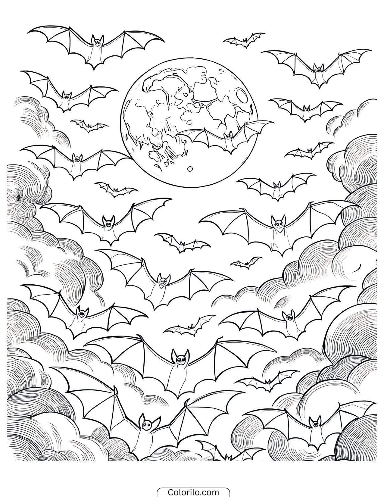 Bats flying past a full moon coloring page