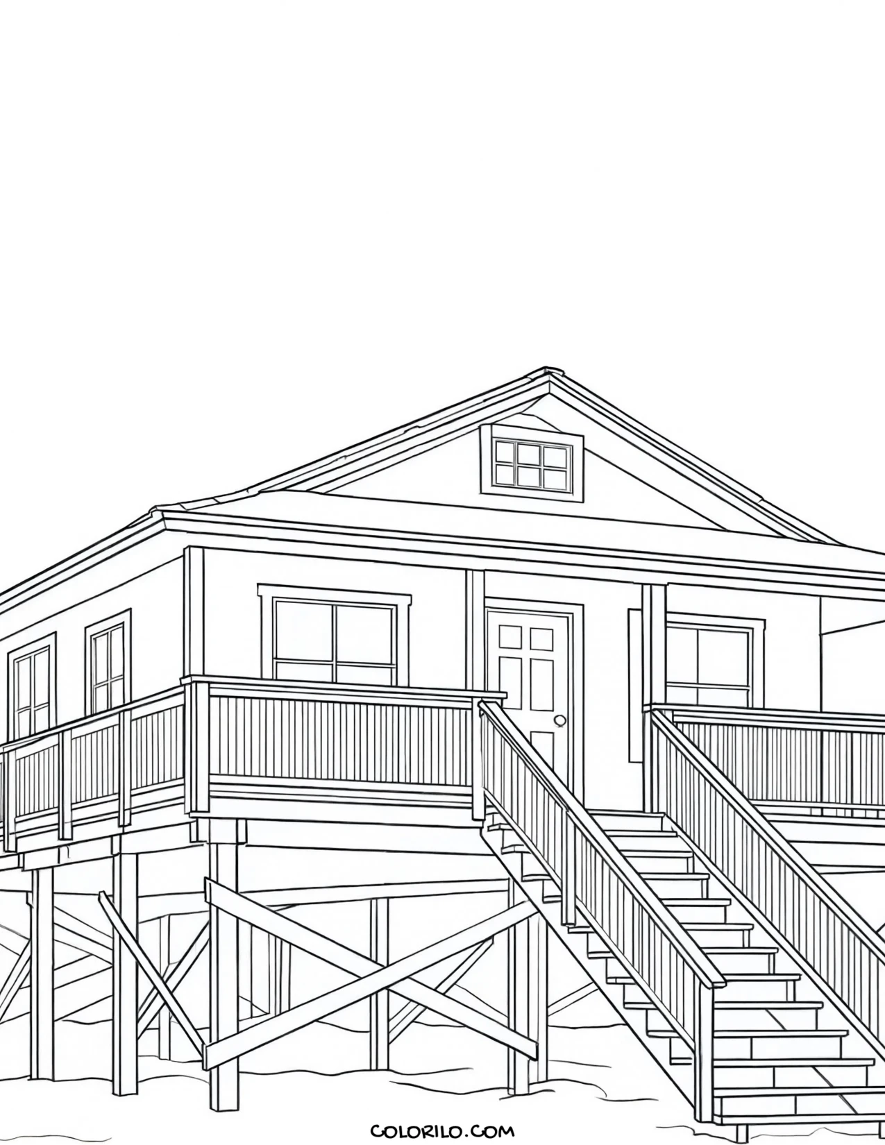 A beach house raised on stilts with a deck coloring page
