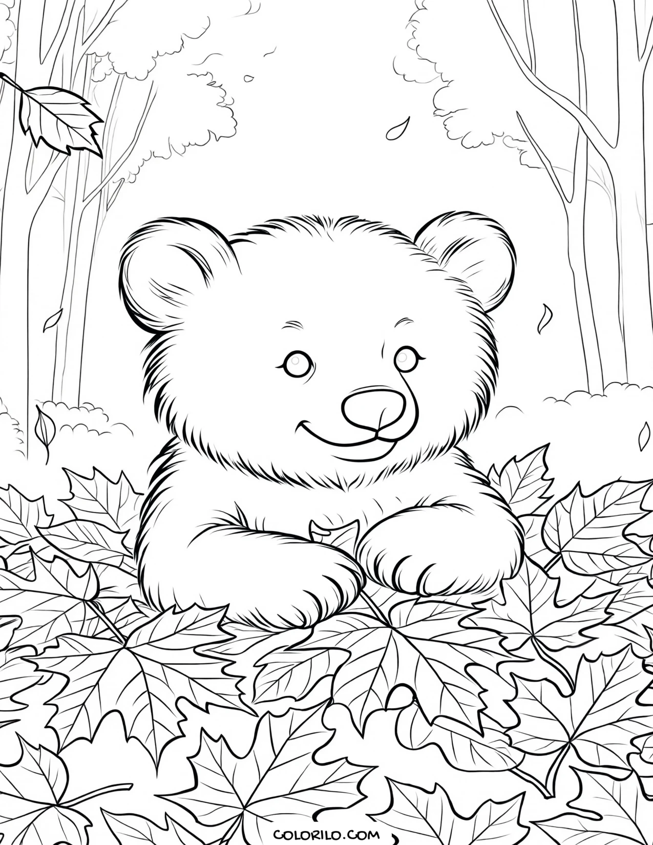 A bear cub playing in a pile of leaves coloring page