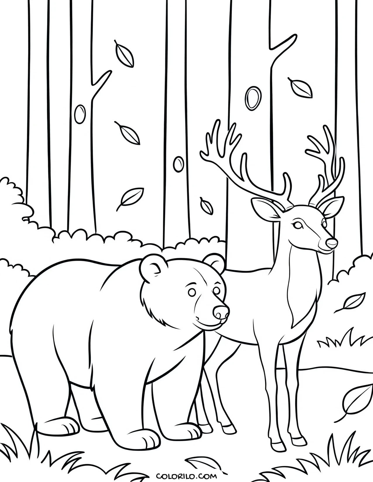 A bear and a deer meeting in a forest clearing coloring page