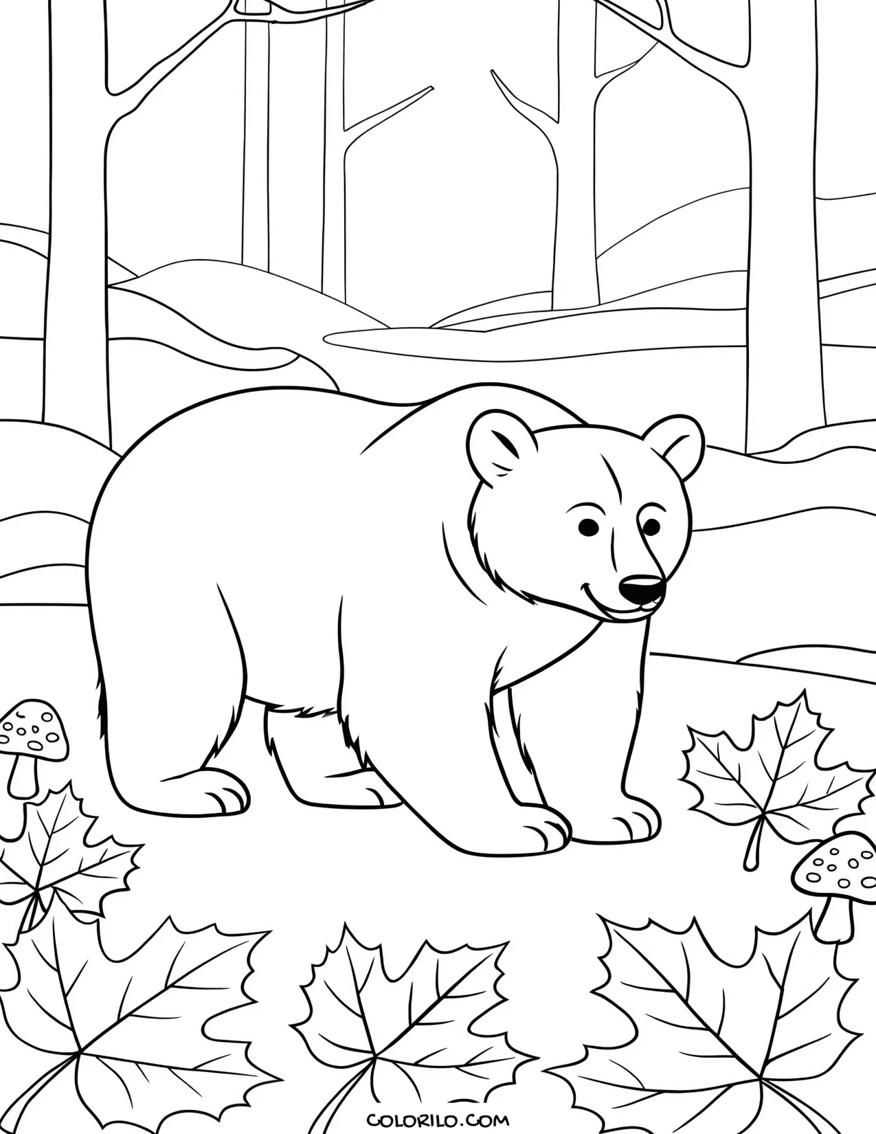 A bear walking through a misty autumn forest coloring page