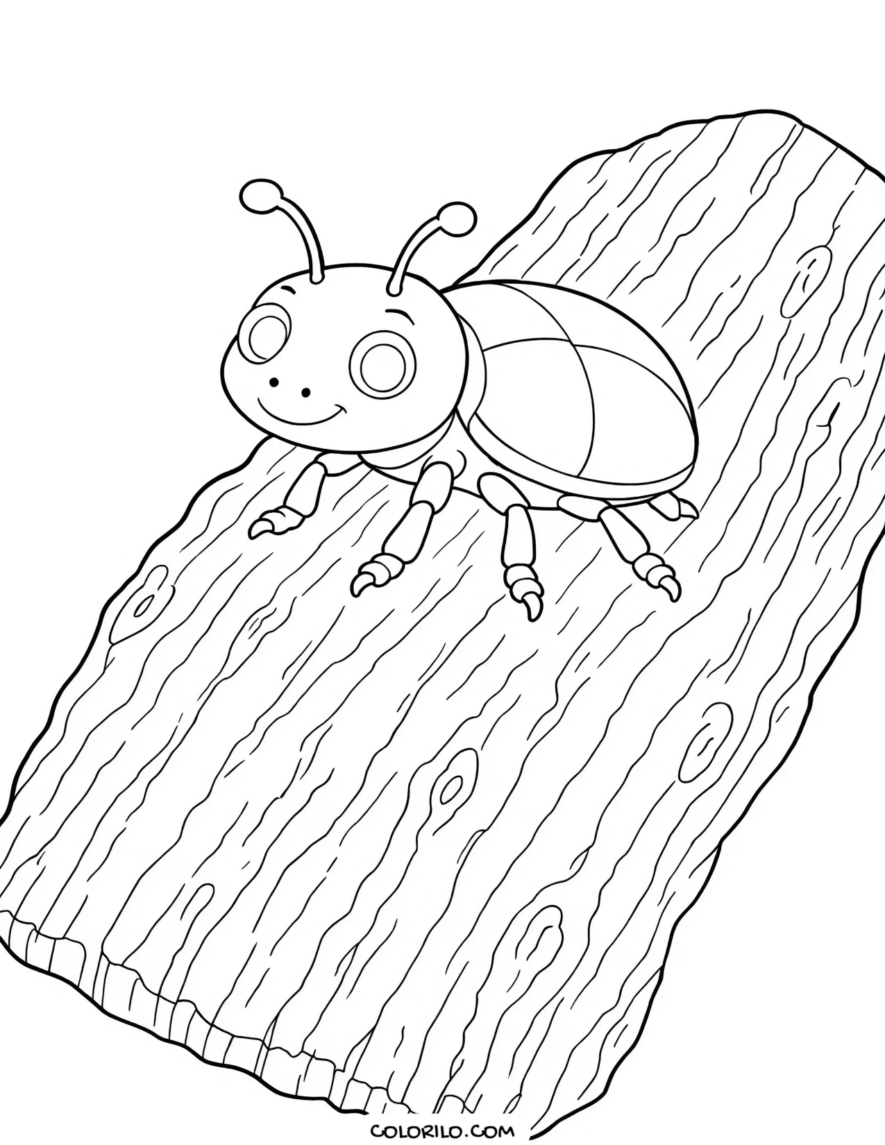 a beetle crossing a piece of tree bark coloring page