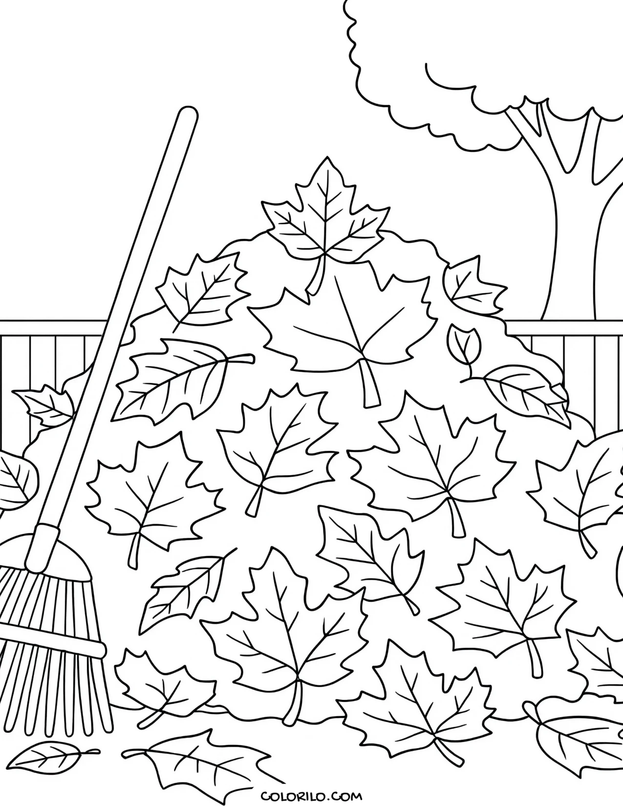 A large pile of fallen autumn leaves coloring page