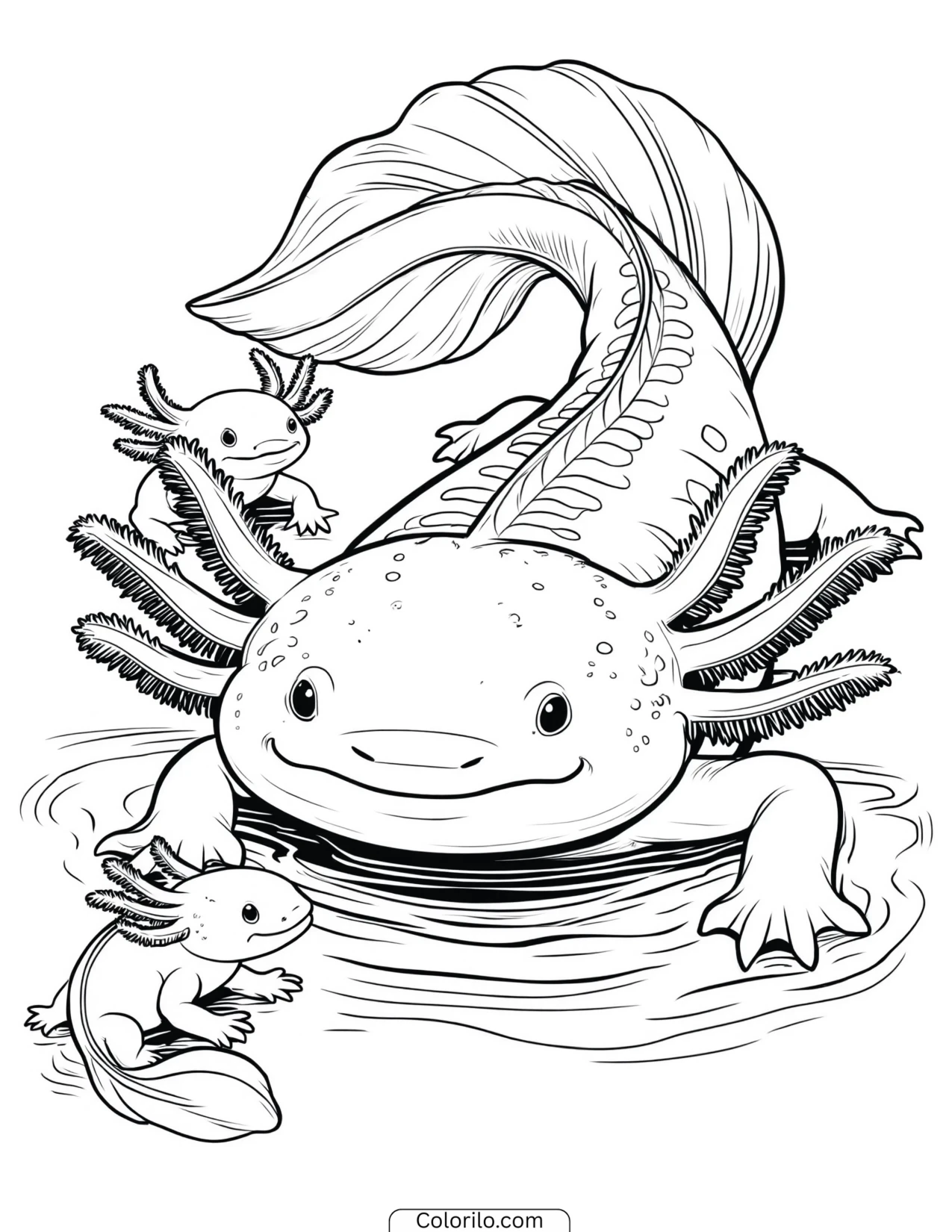 Large axolotl guarding its babies coloring page